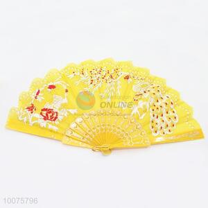 New Arrival Yellow Folding Hand Fan with the Pattern of Peafowls