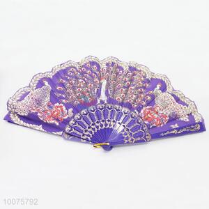 China Factory Purple Foldable Peafowls Printed Hand Fan