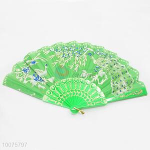 Promotional Green Foldable Hand Fan with the Pattern of Peafowls