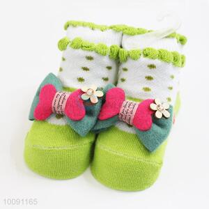 3D Green Bowknot Anti Slip Cotton Baby Sock/ Soft Baby Socks