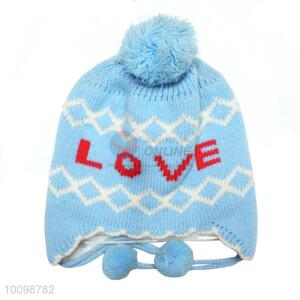 Children ear flap cap woven with top ball warm hat