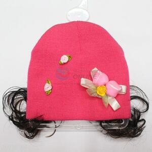Lovely red children knitted warm hat with hairpiece