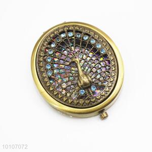 Hollow Out Bronze Peacock Pattern Round Metal Pocket Makeup Mirror