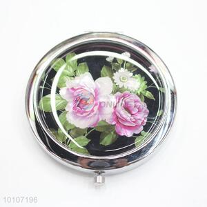 Beautiful Flower Pattern Round Metal Pocket Makeup Mirror