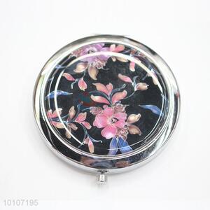 Pink Flower Pattern Round Metal Pocket Makeup Mirror