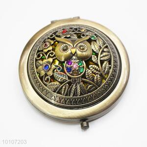 Bronze Owl Pattern Round Metal Pocket Makeup Mirror