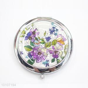Flower Pattern Round Metal Pocket Makeup Mirror