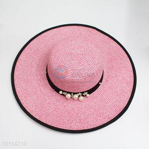 Women Pink Color Paper Summer Hat With Pearl Beads
