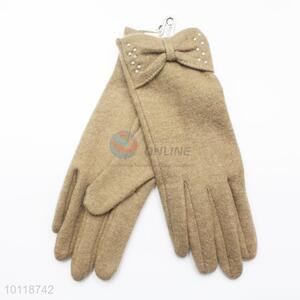 Khaki <em>Winter</em> Wool <em>Gloves</em> with Bowknot