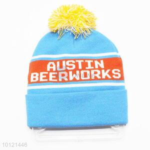Sky Blue Letter Pattern Winter Hat Knitted Hat with Ball Top