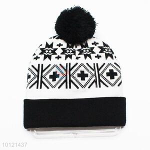 Black Cross Pattern Winter Hat Knitted Hat with Ball Top