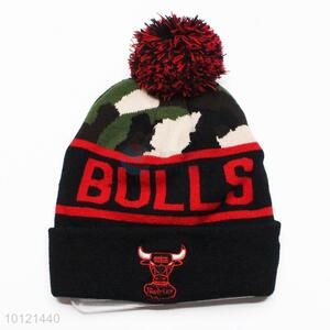Black Bulls Pattern Winter Hat Knitted Hat with Ball Top