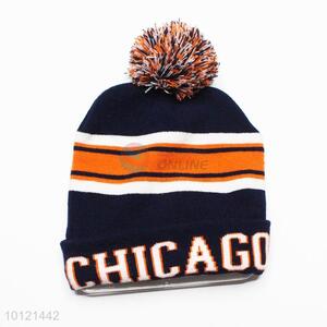 Chicago Pattern Winter Hat Knitted Hat with Ball Top