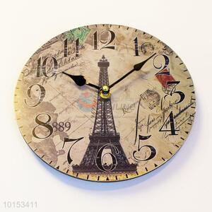 Round Shaped Tower Pattern Wooden Wall Clock Home Decoration