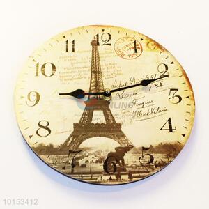 Round Shaped Eiffel Tower Pattern Wooden Wall Clock Living Room Decoration