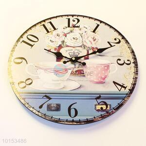 Round Shaped Tea Cup Pattern Wall Clock Board Clock for Home Decoration
