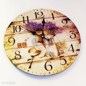 European Style Round Shaped Wall Clocks Lavender Pattern Wooden Clock