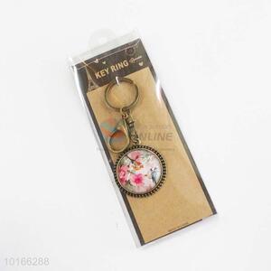 Pink Flower Pattern Round Pendant Zinc Alloy Keyring/Key Chain