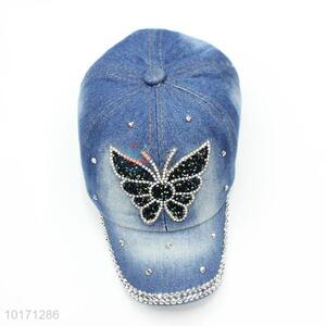 Butterfly Rhinestone Pattern Blue Denim Cap Hat