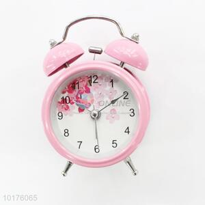 Round Shape Pink Printed Metal Two Bell Ring Alarm Clock