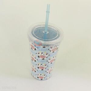 Cartoon Cow Printed Plastic Cup with Blue Straw Creative Personalized Coffee Milk Tea Cup Potable Cup