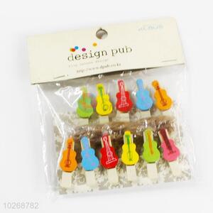 Colorful Cartoon Guitar Shaped Wooden Clip Photo Paper Craft DIY Clips with Hemp Rope