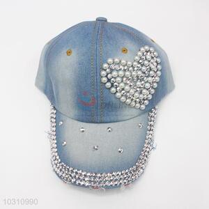Heart Pattern Fashion Pearl Rhinestone Denim Hat <em>Caps</em>