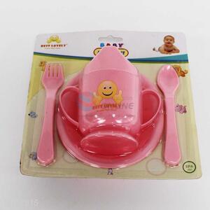 4PC/Set Pink Color Nontoxic Baby Fork,Spoon,Plate and Bottle