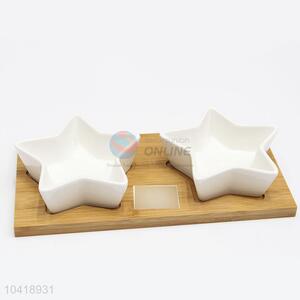 Best Sale Star Shaped Ceramic Dried Fruit Tray Dessert <em>Plate</em> with <em>Bamboo</em> Tray