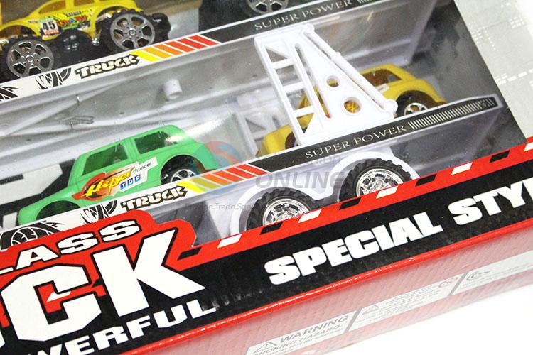 Plastic Inertial Double-Deck Platform Truck With Free-Wheel Racing Car And Suv Toy Set