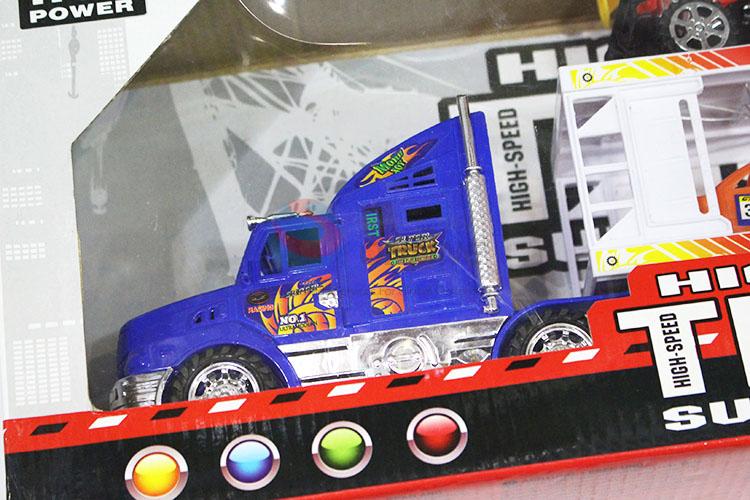 Plastic Inertial Double-Deck Platform Truck With Free-Wheel Racing Car And Suv Toy Set