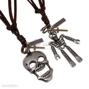Factory directly sell vintage alloy skull pendant cowhide <em>necklaces</em>