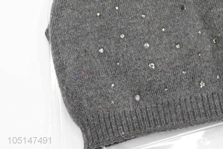 Latest Design Double-Deck Knitted Warm Winter Hats with Rhinestone Decoration
