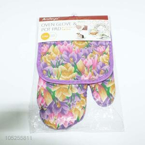 Wholesale flower printed microwave oven mitts+heat insulation pad