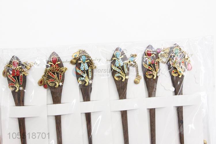 Chinese Factory Hair Accessories Handmade Rhinestone Wooden Hairpin Jewelry