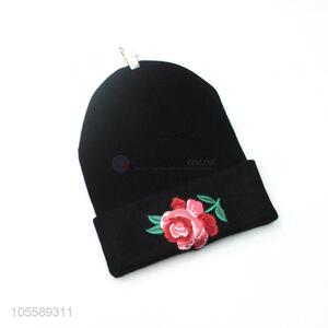 Delicate Design Rose Embroidery Knitted Hat Cuff Beanie