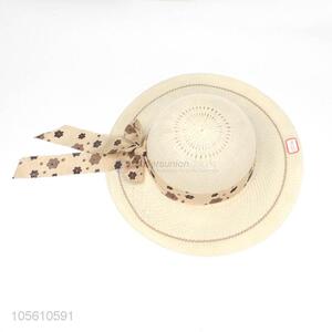 Superior quality women beach cap summer sun straw hat with ribbon