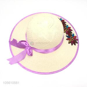 Wholesale women embroidered straw hat summer beach cap with ribbon