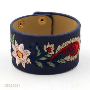 Excellent quality retro flower embroidered adjustable leather bracelet