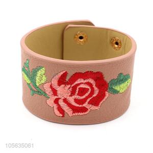 New arrival fashion wide flower embroidered leather bracelet
