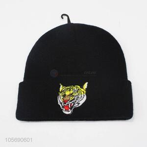 Modern Style Winter Warm Knitting Hat with Embroidery Tiger