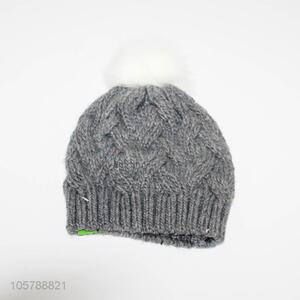 Low price adults winter warm knitting hat with fake fur ball