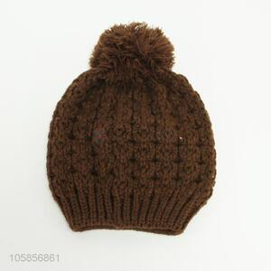 Brown adults winter warm knitted beanie hat with hair bulb