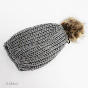 Promotional women coarse yarn winter hat with hair bulb