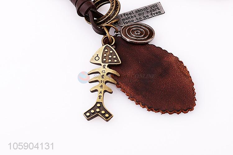 Wholesale custom retro alloy fishbone pendant weaving leather key chain