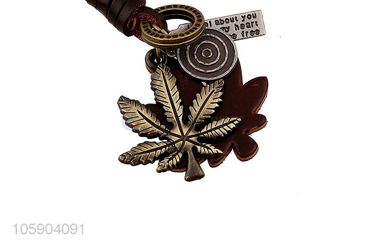 Best selling retro alloy leaf pendant weaving leather key chain