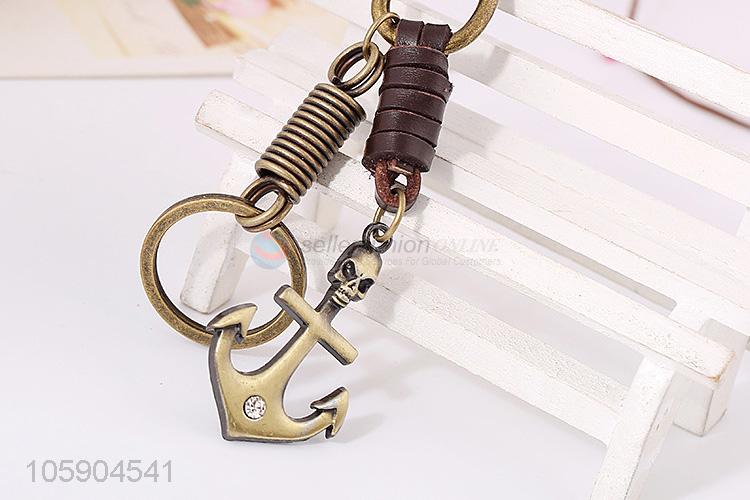 Yiwu factory weave leather key chain with retro anchor charms