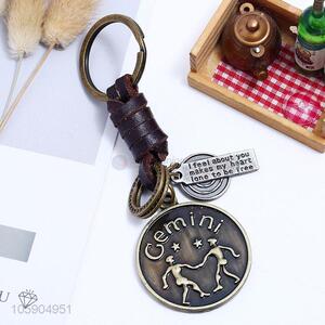Hot selling gemini alloy pendant key chain leather key ring