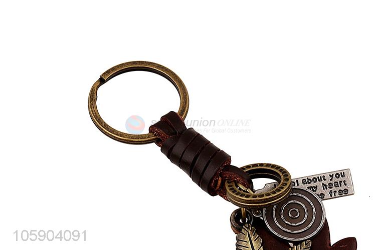Best selling retro alloy leaf pendant weaving leather key chain