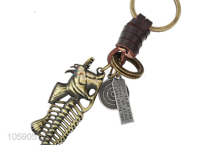 Wholesale custom retro alloy fishbone pendant weaving leather key chain